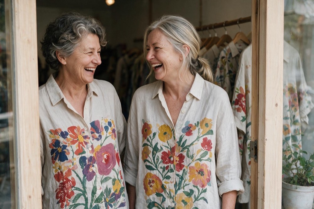 Jarrah and Grace laughing together in a doorway, both wearing bold hand screen-printed floral shirts