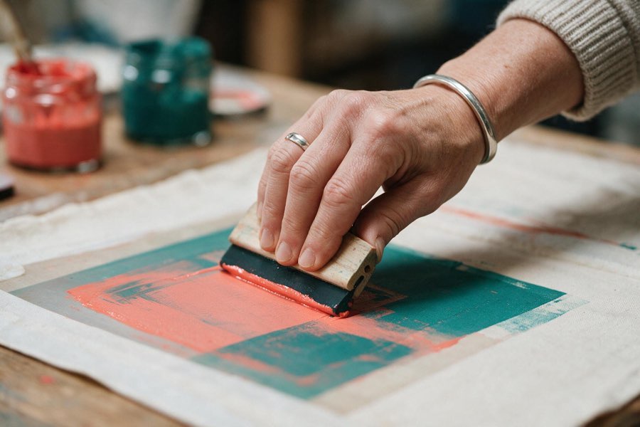 Close-up of a hand pulling a squeegee through a screen, coral and teal ink on the mesh