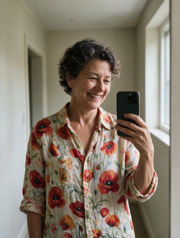 Customer wearing a bold poppy-print blouse, mirror selfie