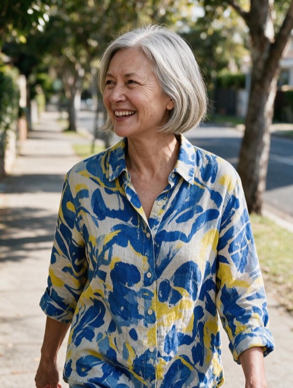 Customer wearing a cobalt and yellow abstract-print blouse, walking on a leafy street