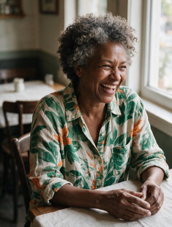 Customer wearing an emerald and orange botanical-print blouse laughing at a café table