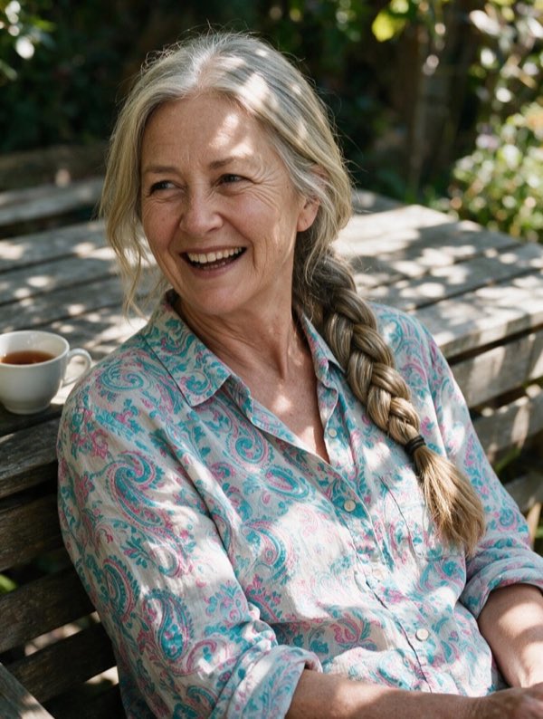 Customer wearing a turquoise and pink paisley-print blouse, relaxing in a garden