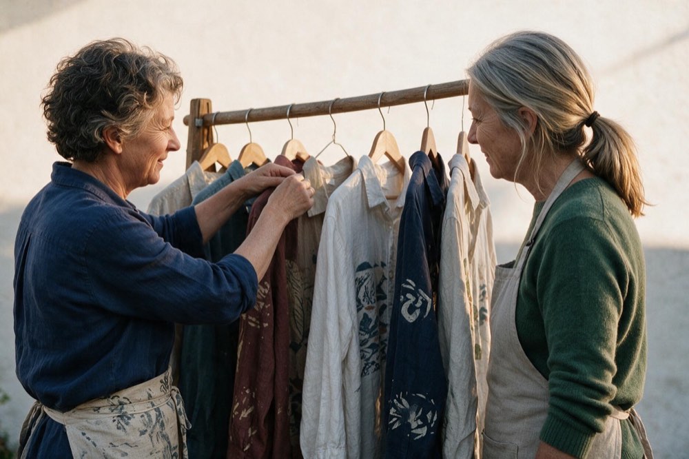 Jarrah and Grace looking together at a wooden rack of colourful printed shirts